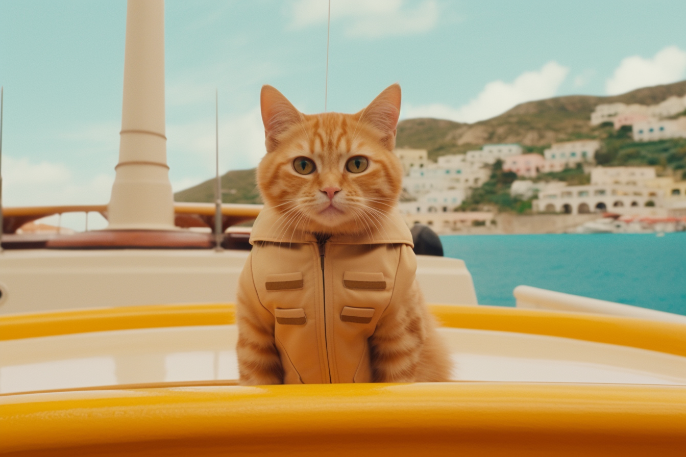 A cat wearing a life jacket.